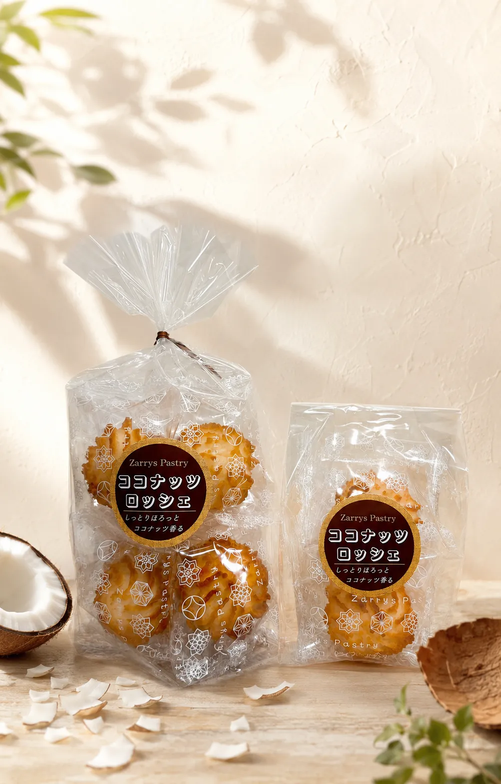Zarrys Pastryのココナッツロッシェ。透明な袋に入った焼き菓子
