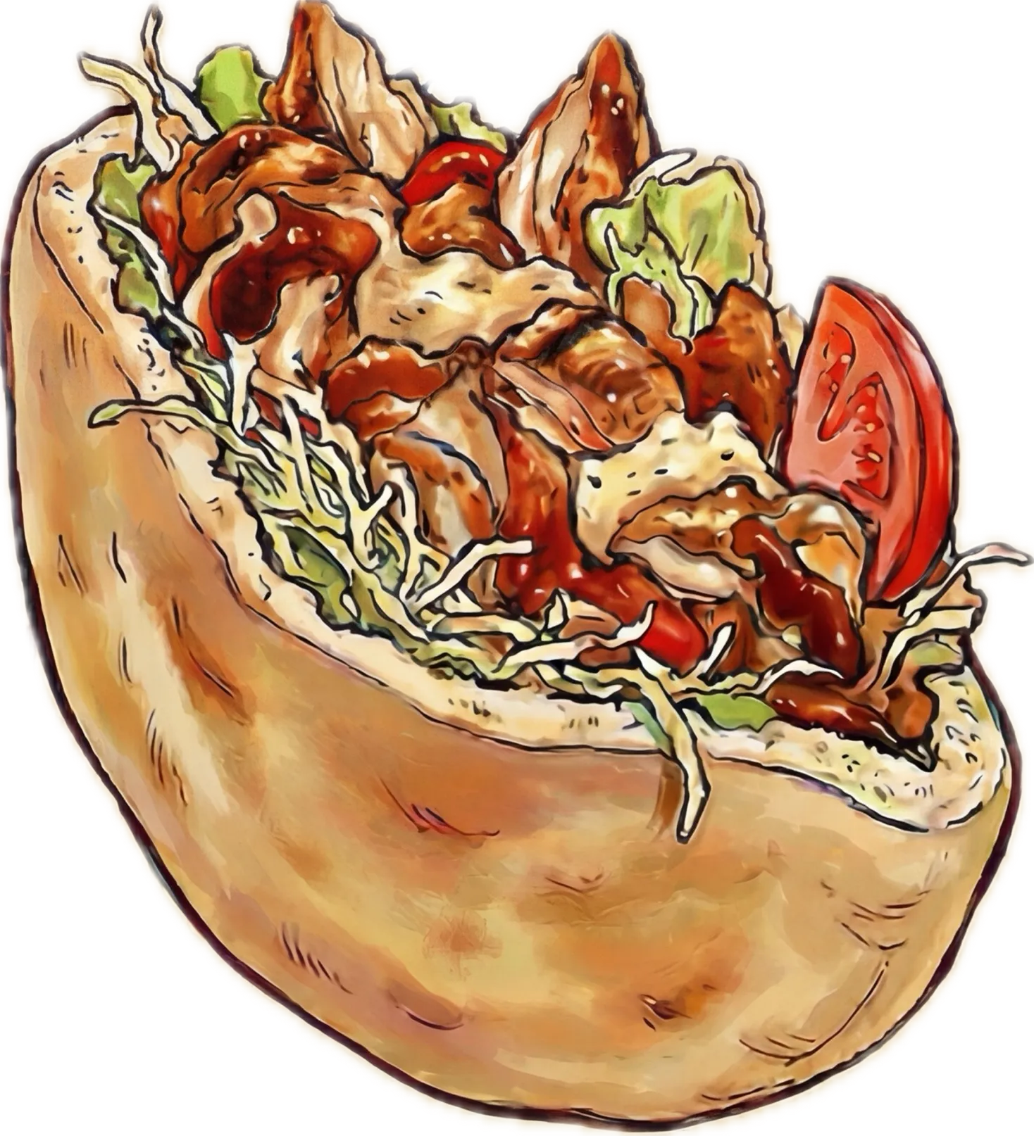 ピタパンに具材を詰めたケバブサンドのイラスト