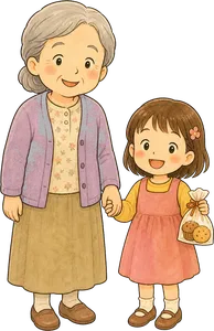 お菓子の袋を持った女の子とおばあちゃんのイラスト