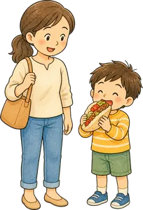 ケバブを食べる親子のイラスト