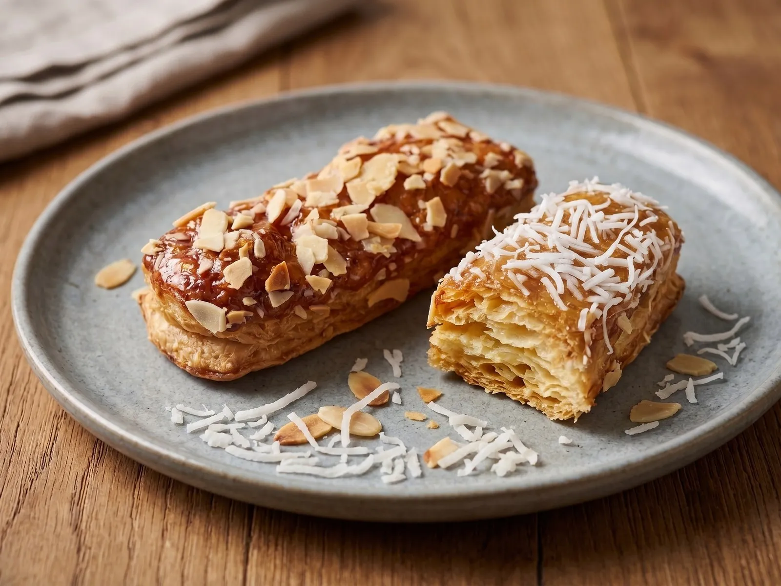 Zarrys Pastryのパイ。アーモンドとココナッツをちりばめた2種類のパイがお皿に並んでいる